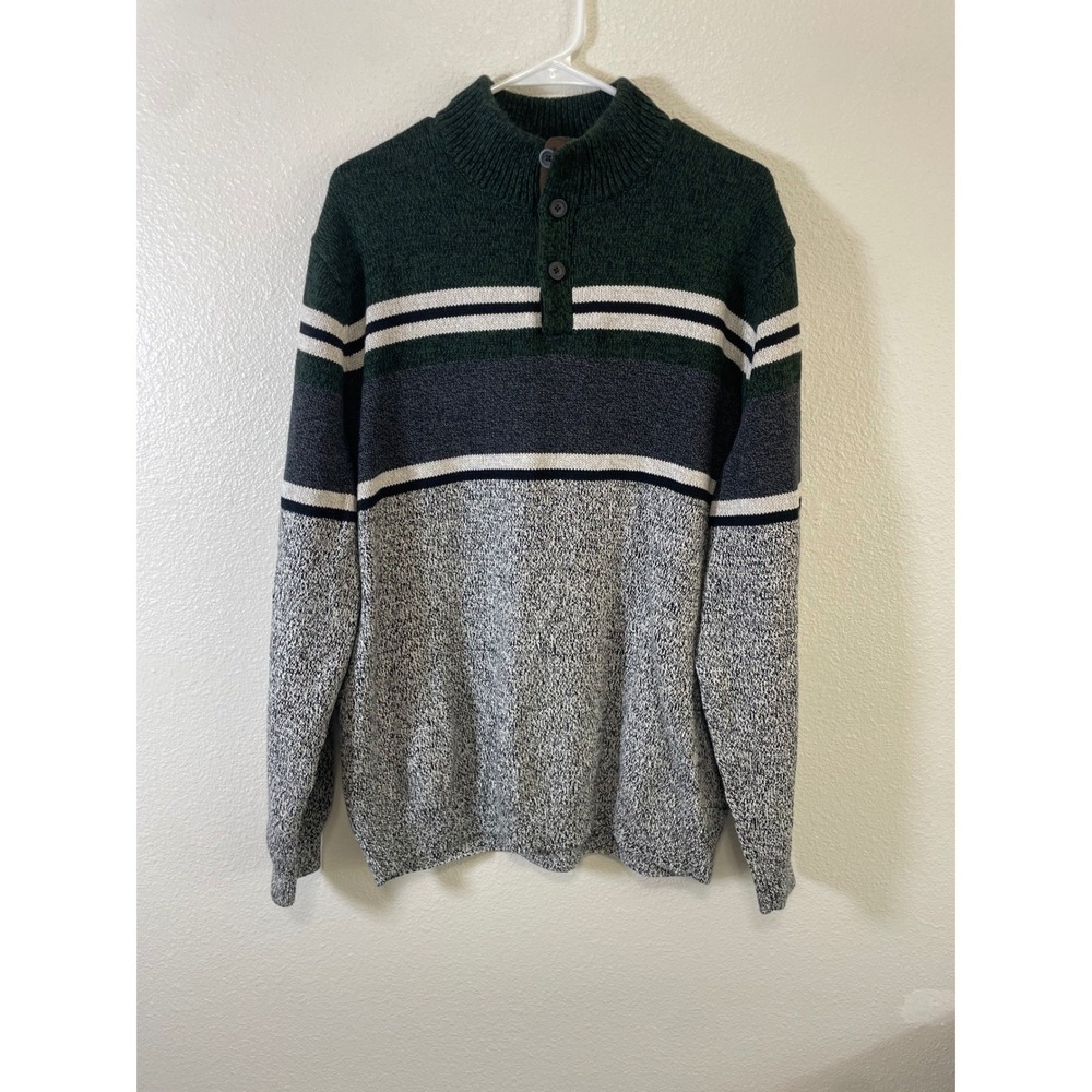 Chaps Sweater Mens XXL Green Navy Grey Colorblock Striped Mock Neck Excellent